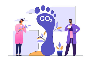 Dioxide greenhouse gases concept. Foot symbol as industrial toxic effect warning. A man and a woman study the causes of CO2 emissions. Cartoon flat vector illustration isolated on a white background