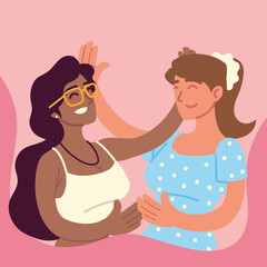 women smiling hands up