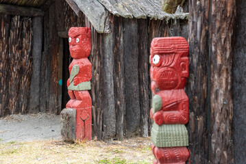 Beautiful traditional Maori sculptures in Whakarewarewa village, North Island of New Zealand