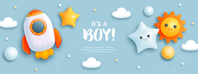 Baby shower horizontal banner with cartoon rocket, sun and helium balloons on blue background. It's a boy. Vector illustration