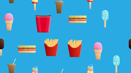 Endless blue seamless pattern of a set of delicious food and snack items icons for a restaurant bar cafe: fries, sandwich, ice cream, coffee, popcorn. The background