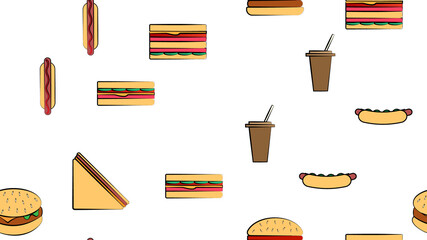 Endless white seamless pattern from a set of icons of delicious food and snacks items for a restaurant bar cafe: burger, sandwich, hot dog, coffee. The background