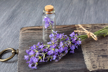 Bunch of blooming lavender and small glass bottle with cork lid on wooden kitchen board. Traditional medicine concept