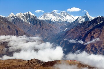 Mount Everest, Lhotse and Ama Dablam with Kongde village
