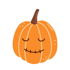 Cute smiling pumpkin for Halloween isolated on white background. Vector hand-drawn illustration in cartoon flat style. Suitable for cards, invitations, greeting designs, decorations.