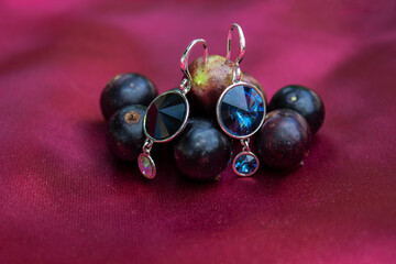 gold earrings with berries .Red and black handmade earrings.vitamins with beauty.