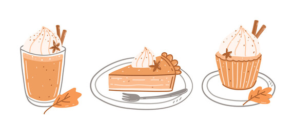 Set of autumn sweets - pumpkin spice latte, piece of pumpkin pie and cupcake with cream on a plate. Vector hand-drawn illustration in cartoon flat style. Perfect for cards, invitations, decorations.