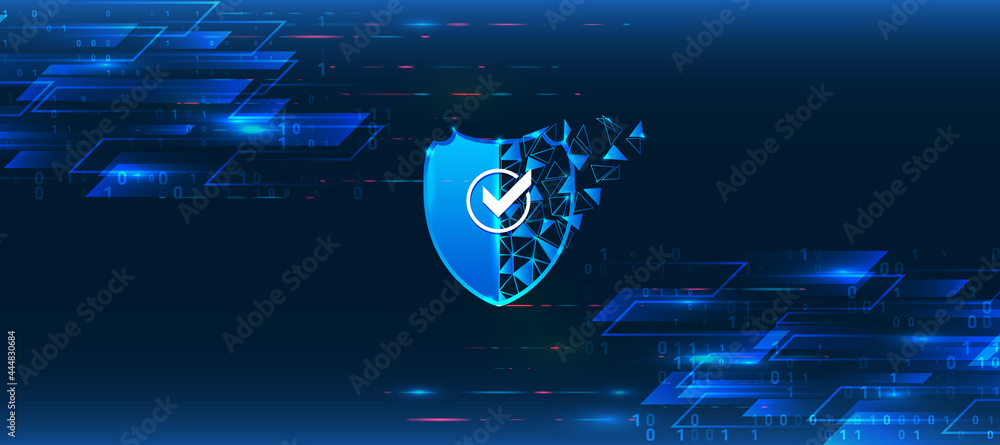 Poster Internet security concept with shield and hi-tech technology elements background. Cyber Security and information or network protection.