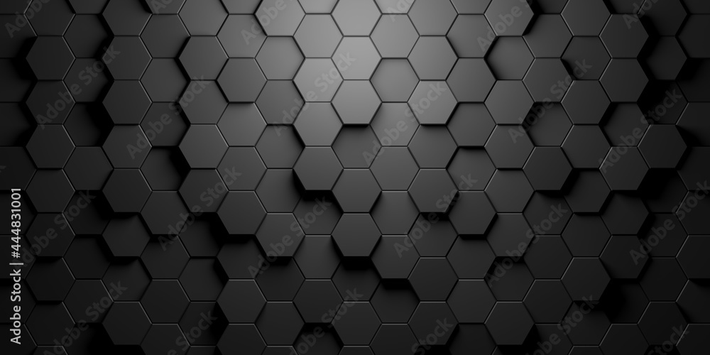 Poster black hexagon honeycombs random shifted mosaic abstract background pattern geometrical design with l