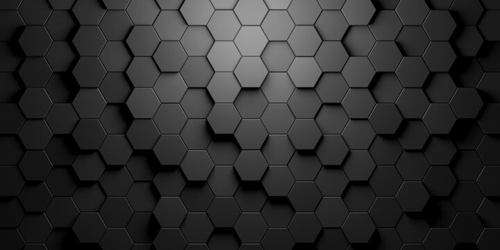 Black hexagon honeycombs random shifted mosaic abstract background pattern geometrical design with light from top © Shawn Hempel