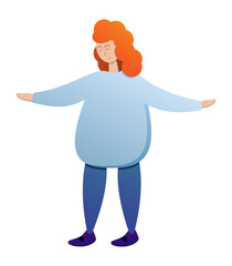 A red-haired woman with her arms spread to the sides and a satisfied expression. In a light blue sweater and comfortable pants. Simple illustration.