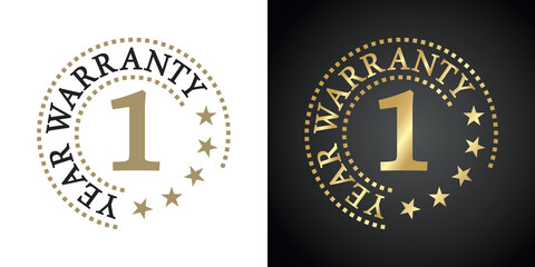 1 Year Warranty five stars white gold black logo icon label button stamp vector