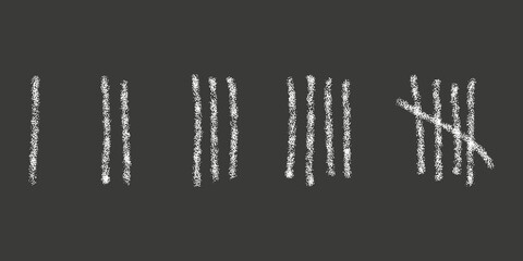 Chalk drawn tally marks on black background. Day counting sticks on prison wall or chalkboard. Unary numeral system signs. Vector hand drawn illustration