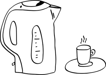 Eclectic kettle and cup with drink vector illustration. Outlined shapes. Teatime pieces.