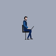 man with a beard sitting on a chair and working on a laptop, remote work, business, economics, work, study, vector illustration