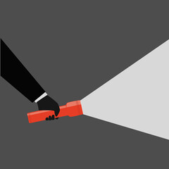 hand with a flashlight shining on a dark background, vector illustration