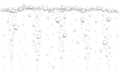 Fototapeta na wymiar Fizzy drink, carbonated water, seltzer, beer, soda, champagne or sparkling wine texture. Oxygen bubbles background. Underwater stream in ocean, sea or aquarium. Vector realistic illustration.