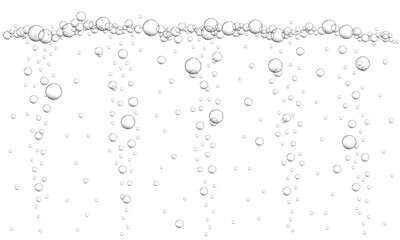 Fizzy drink, carbonated water, seltzer, beer, soda, champagne or sparkling wine texture. Oxygen bubbles background. Underwater stream in ocean, sea or aquarium. Vector realistic illustration.