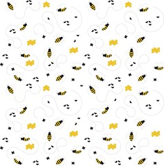 White background pattern with bees, flies and honney hives