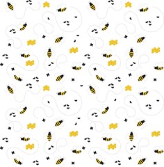 White background pattern with bees, flies and honney hives