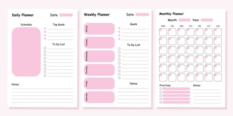 Modern collection of daily weekly monthly planner printable template with pink ellements. Collection of note paper, to do list, stickers templates. Blank white notebook page A4 - obrazy, fototapety, plakaty