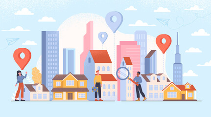 Fototapeta premium Buying, choosing housing, real estate and turnkey rentals, buildings, skyscrapers, house. Abstract concept with multiethnic tiny people characters. Flat cartoon colorful vector illustration
