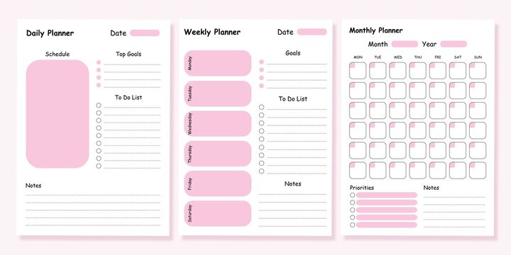 Modern Collection Of Daily Weekly Monthly Planner Printable Template With Pink Ellements. Collection Of Note Paper, To Do List, Stickers Templates. Blank White Notebook Page A4