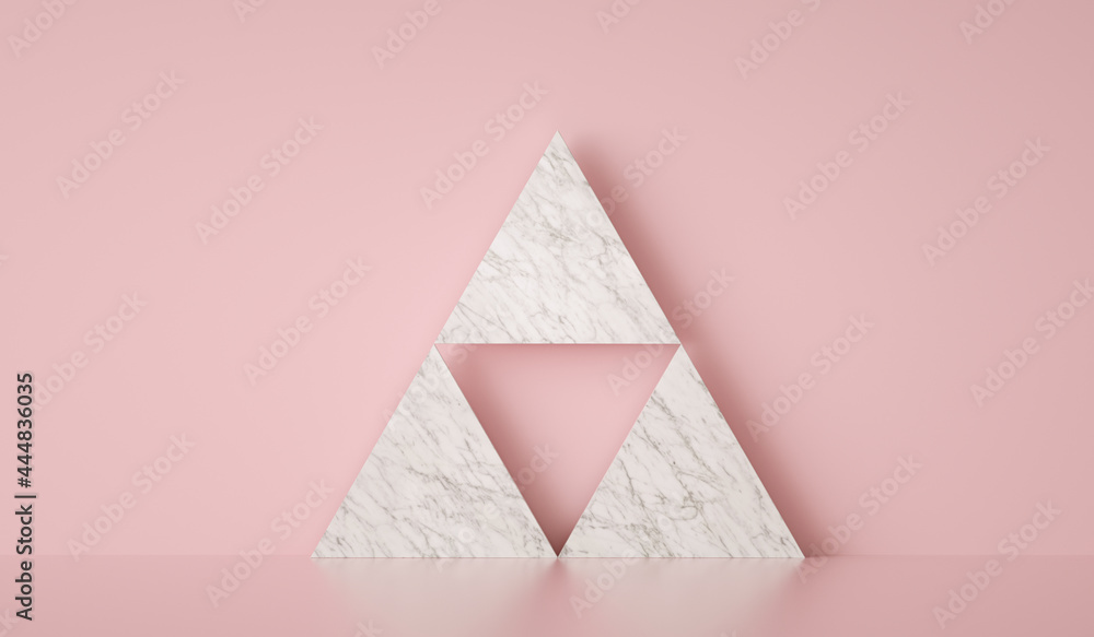 Poster Minimal template on marble triangle and pink background 3d render