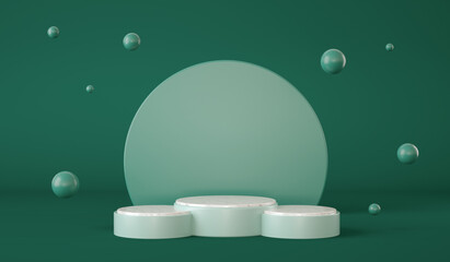 Empty green podium with circles at background and spheres floating. Product presentation. 3d render