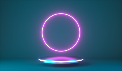 flight through circle neon, pink light, moving fashion podium, abstract background. 3d render