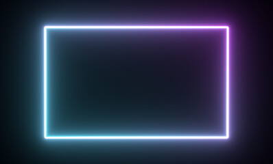 Shiny neon rectangle frame, light geometric shapes. 3d render