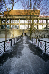 Snowy building entrance.
