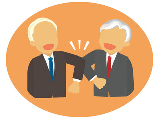 肘タッチで挨拶する男性二人_ビビッド