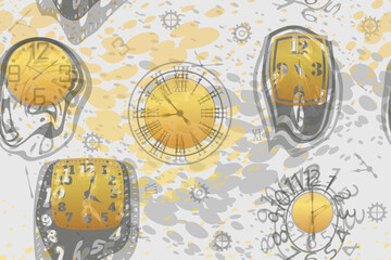 various gray and gold wall clocks and gears - seamless pattern

