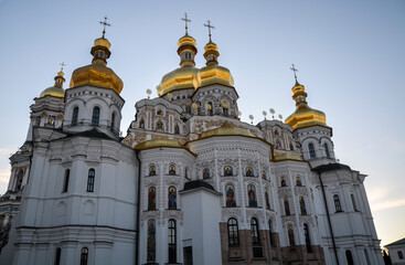 Fototapeta na wymiar Orthodox christian Dormition Church with golden cupolas in Kiev Pechersk Lavra Monastery, Kyiv, Ukraine