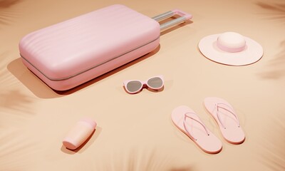 Concept of summer vacations, suitcase packing. Pink suitcase, flip flops, sunglasses on orange background. 3d rendering, illustration.