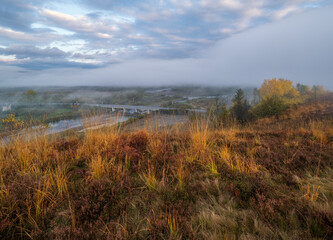 Morning fog on country foothills above Opir and Stryi rivers, and slopes of the Carpathian Mountains in far, Ukraine.