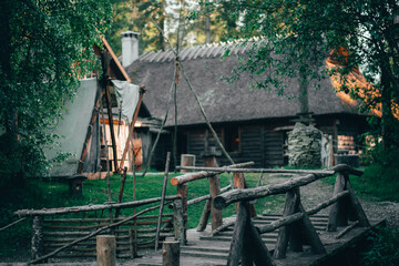 Old viking village with pond and well