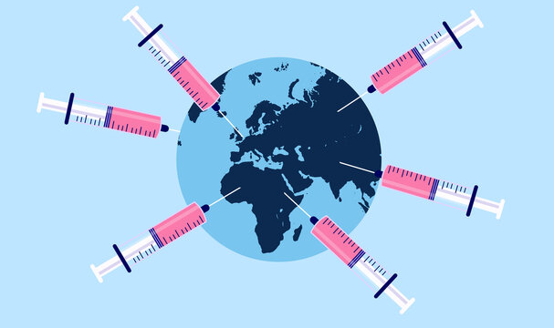 Global vaccination - The world with syringes in different continents and countries. Vaccine program concept, vector illustration.