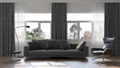 Illustration 3D rendering large luxury modern bright interiors Living room mockup computer digitally generated image