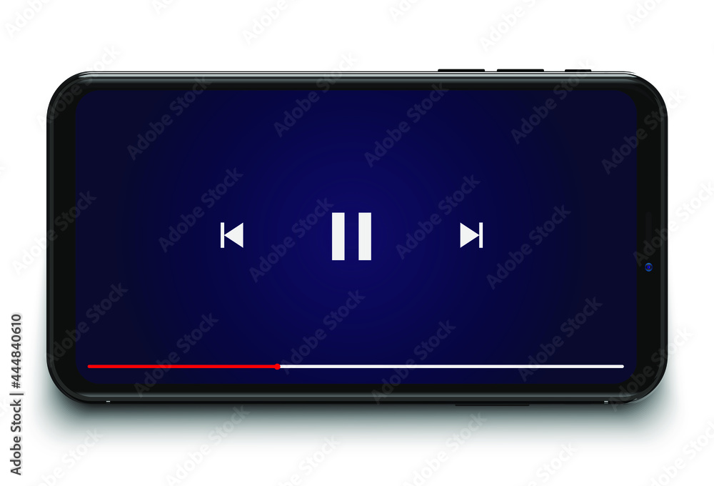 Poster mobile video player vector ui concept for social network on photo realistic frameless smartphone scr