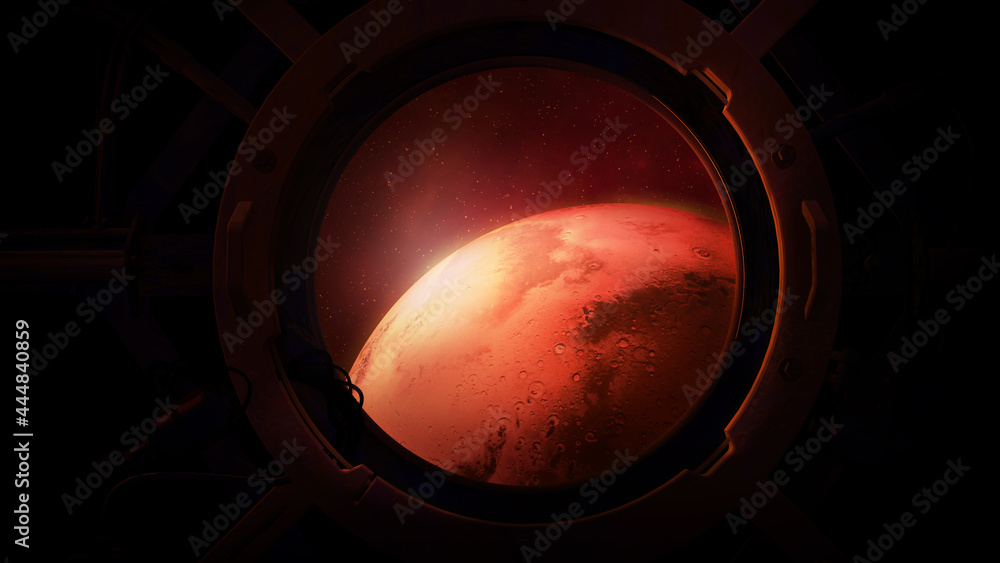 Poster view of mars from a spaceship porthole.