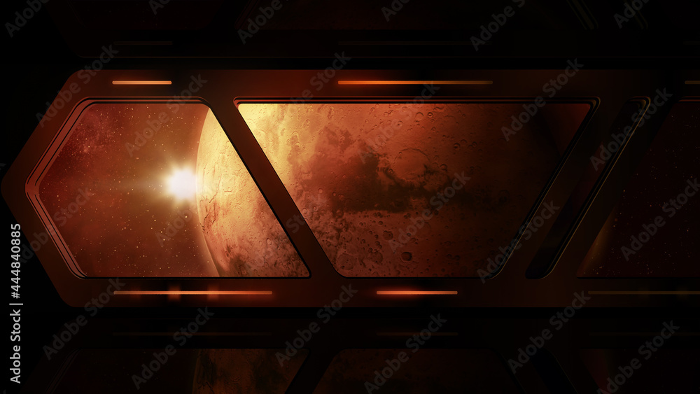 Poster mars from the window of a space station.