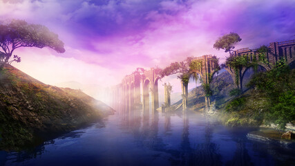 Fantastic landscape with ancient aqueduct and river, 3D render. © conceptcafe