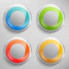 Realistic glass buttons set with round hole in the middle and silver frame. Transparent glossy 3d badges collection with glares and shadow isolated on gray background. Vector EPS10