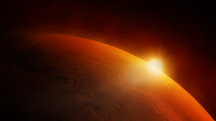 Close-up of the red planet Mars with sun glare. © conceptcafe
