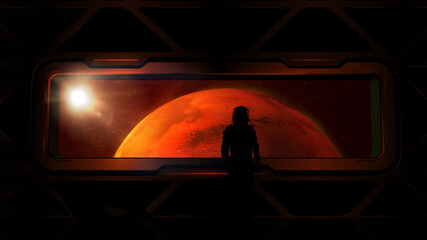 Astronaut at the porthole of a ship approaching Mars. © conceptcafe