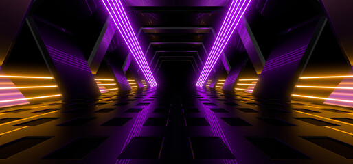 Sci Fy neon lamps in a dark corridor. Reflections on the floor and walls. 3d rendering image.