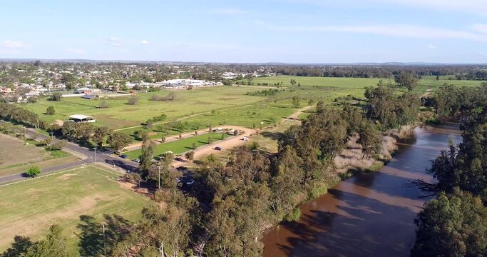 Plains Around Macquarie River In Dubbo City Of Australia – Aerial 4k Hover.
