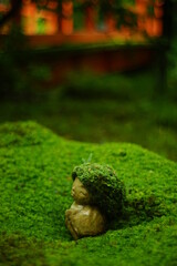 Smiled stone statue in japanese moss garden of Sanzenin, Kyoto